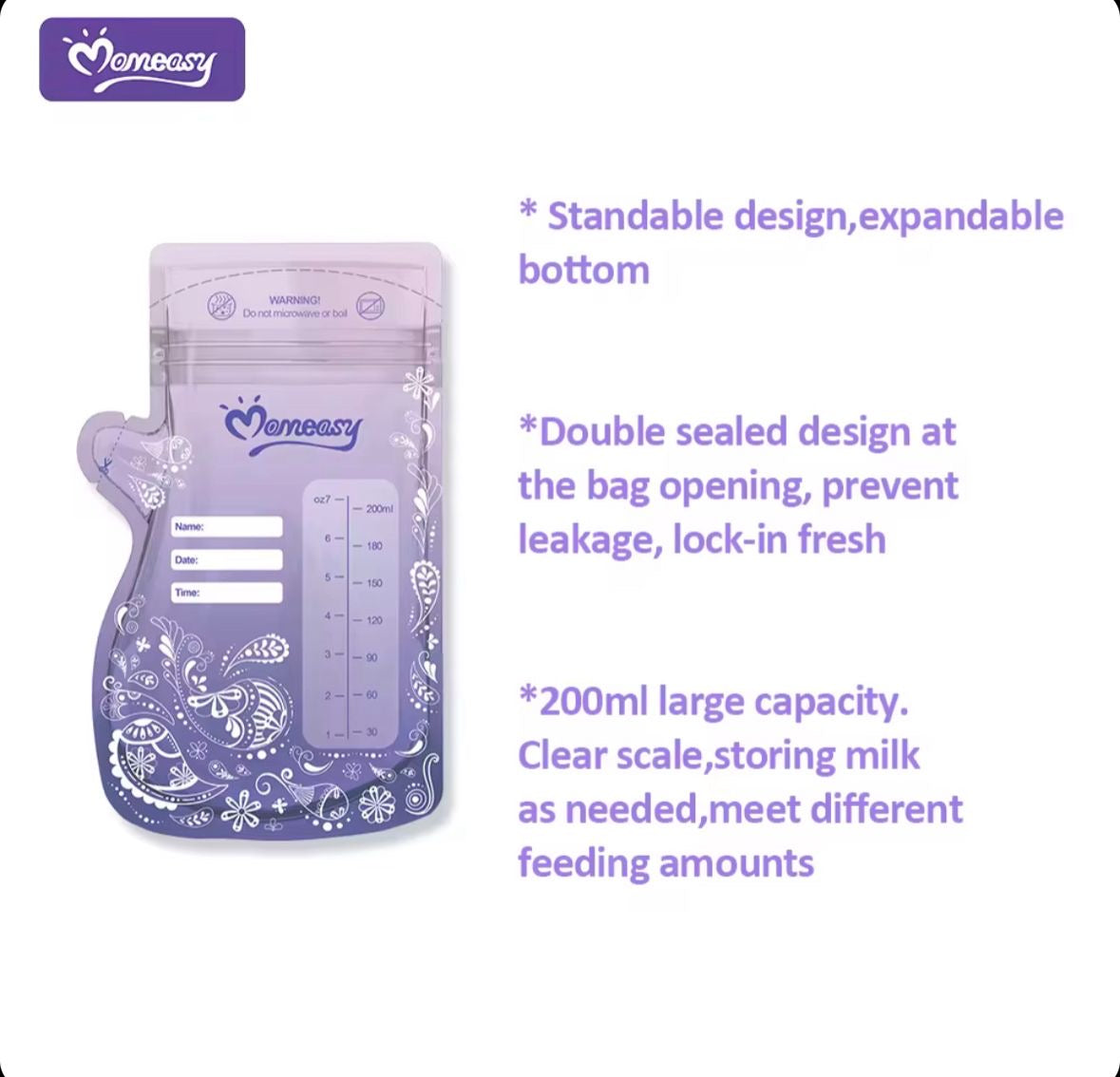 Moneasy – Sachets de Conservation pour Lait Maternel – 25 Pièces – 200 ml – Sans BPA