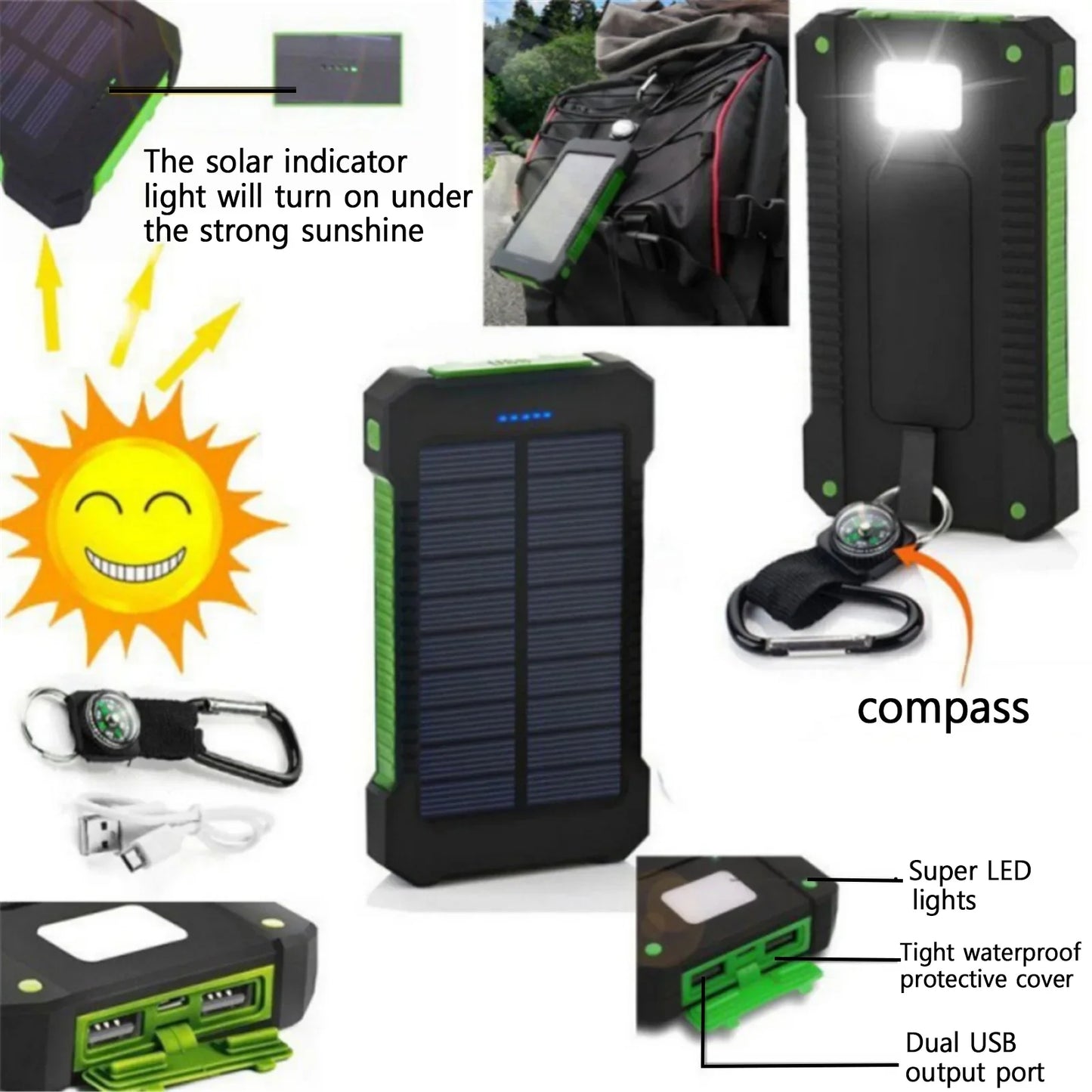 Chargeur solaire - Power Bank avec lampe torche LED intégrée pour tous les téléphones portables et appareils électroniques