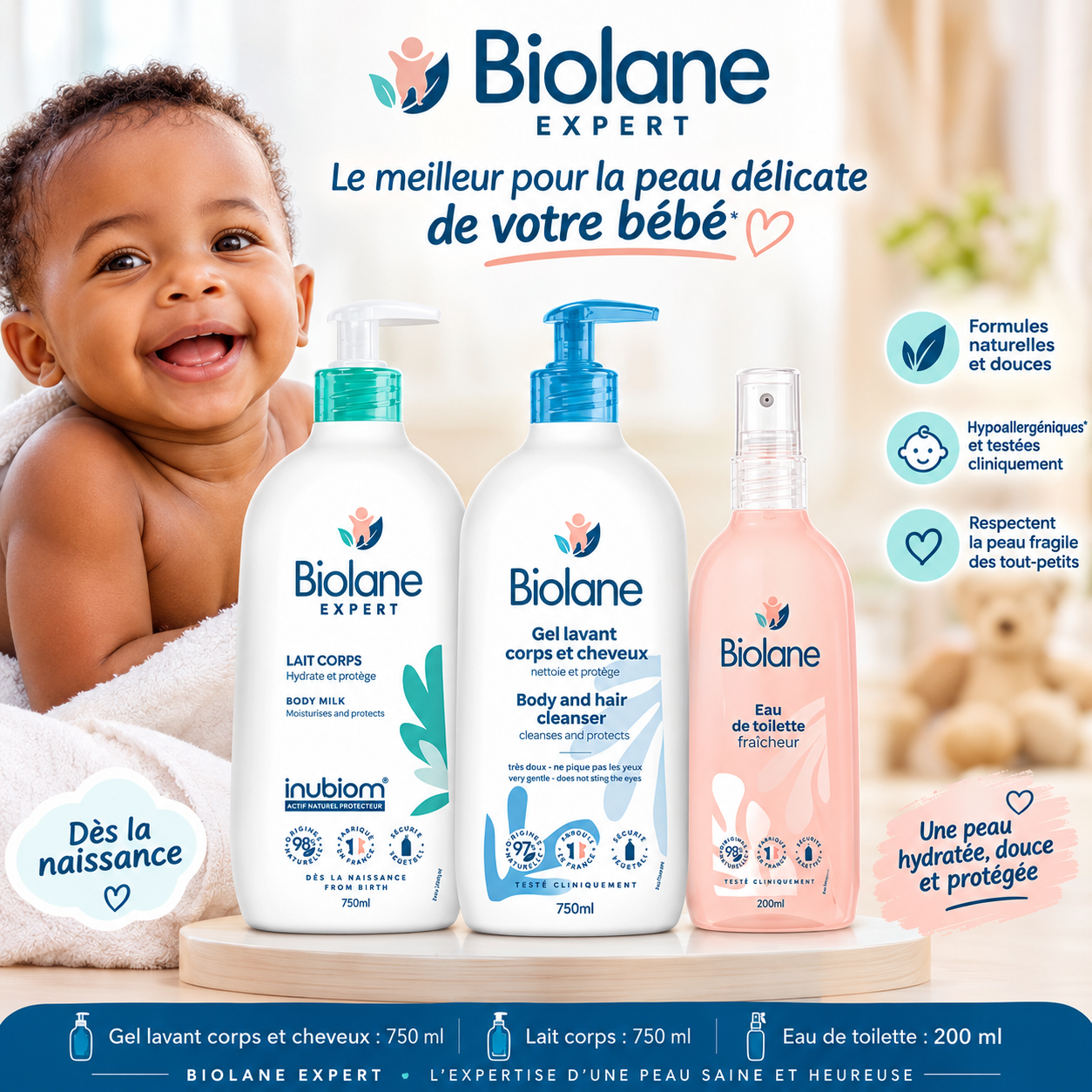 Gamme Biolane GM, gel et lait de corps 750 ml , eau de toillete 200 ml