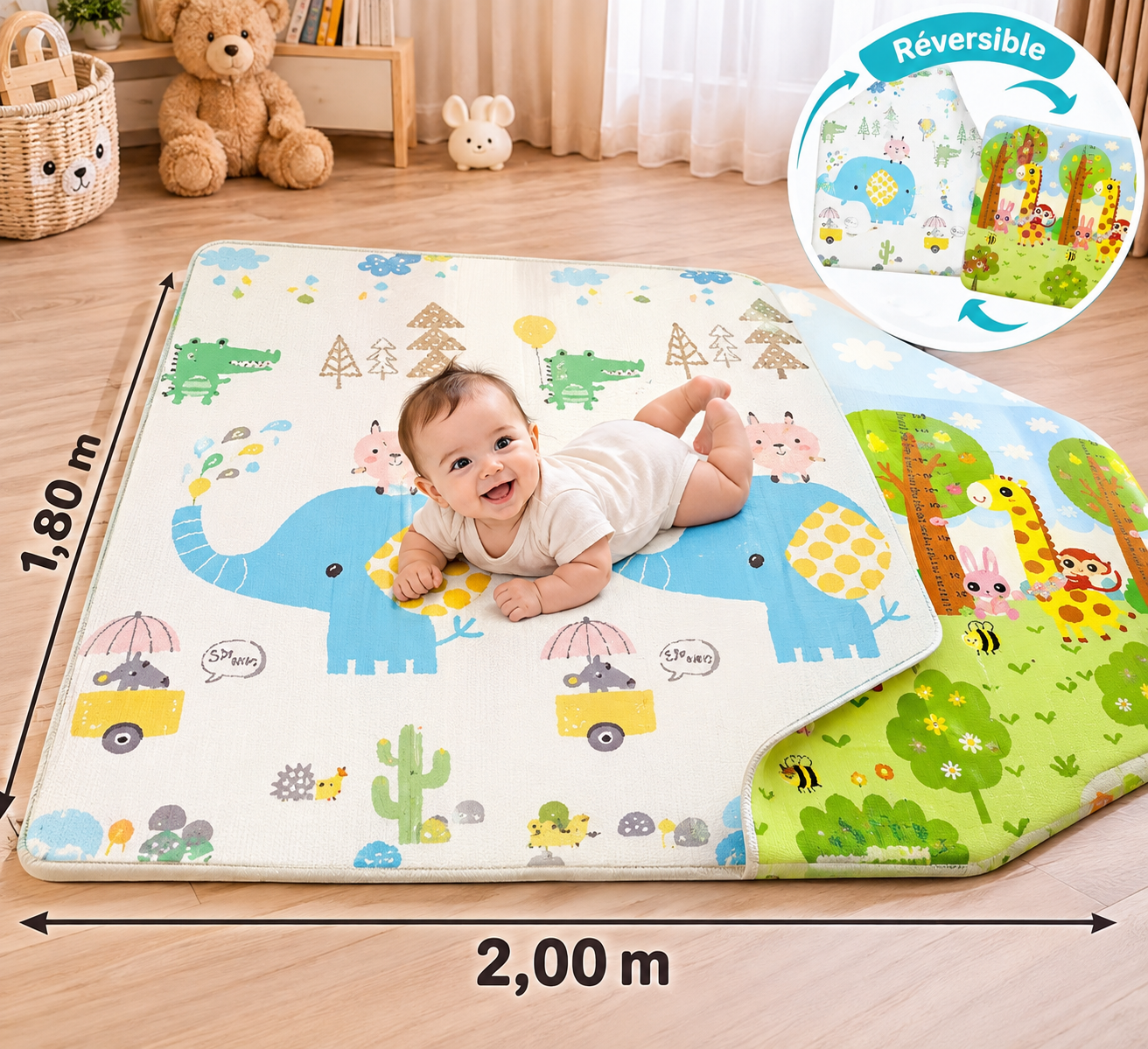 Tapis de jeux Mousse réversible , épais ,pliable 180x200 cm epaisseur 1 M