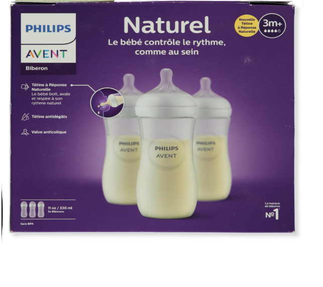 lot de 3 Biberon Philips Avent Natural avec Tétine Natural - Transparent 325 ml -3 mois +
