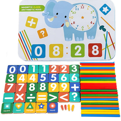 Jeu Éducatif Multifonction – Horloge Magnétique & Bâtonnets de Calcul – Apprentissage des Chiffres, Formes et Couleurs