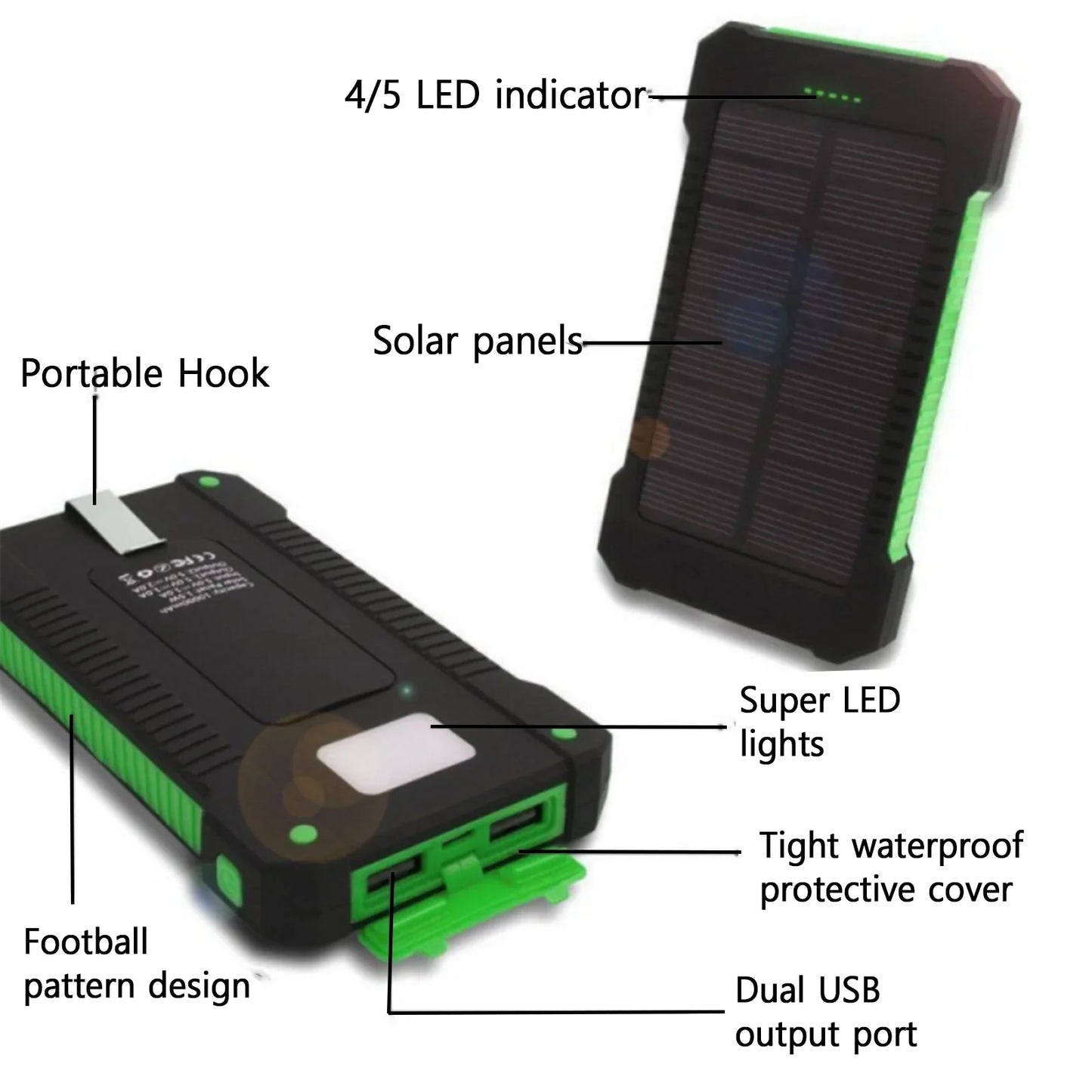 Chargeur solaire - Power Bank avec lampe torche LED intégrée pour tous les téléphones portables et appareils électroniques