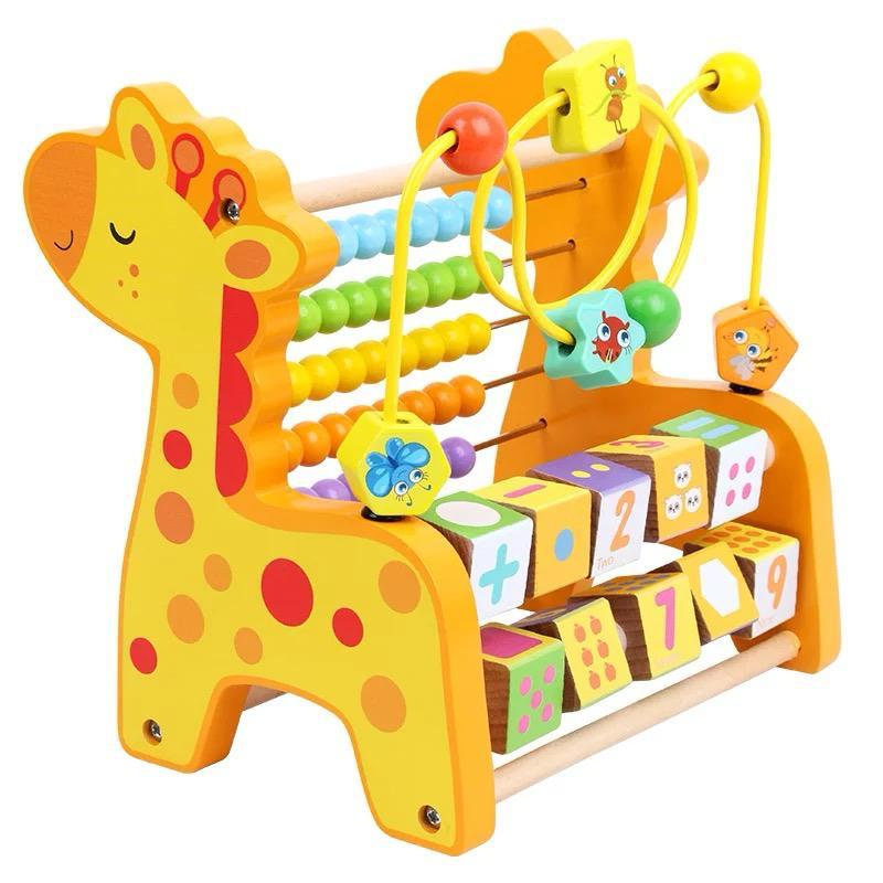 Jouet Éducatif en Bois Multiactivités – Forme Girafe – Abacus, Perles, Chiffres et Formes – Dès 18 Mois
