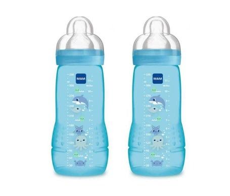 Lot de 2 Biberons MAM 330 ml – Anti-Colique – Tétine Débit Moyen – Design Fleurs & Coccinelles – Sans BPA