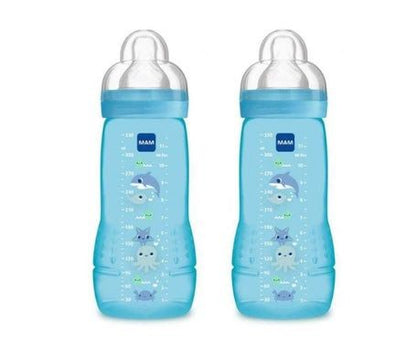 Lot de 2 Biberons MAM 330 ml – Anti-Colique – Tétine Débit Moyen – Design Fleurs & Coccinelles – Sans BPA