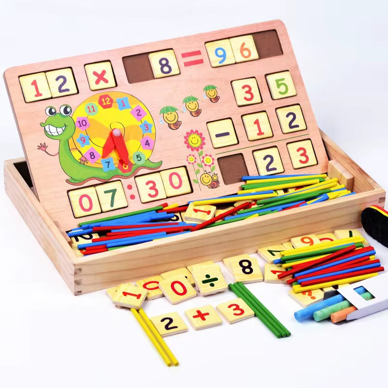 Boîte Éducative Montessori en bois Boîte Éducative Montessori en Bois – Apprentissage des Chiffres, de l’Heure et des Opérations