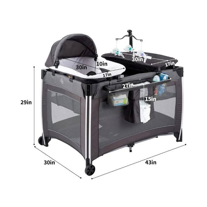 Lit Parapluie avec couffin moustiquaire  , mobile musical, table à langer et arc de jeu