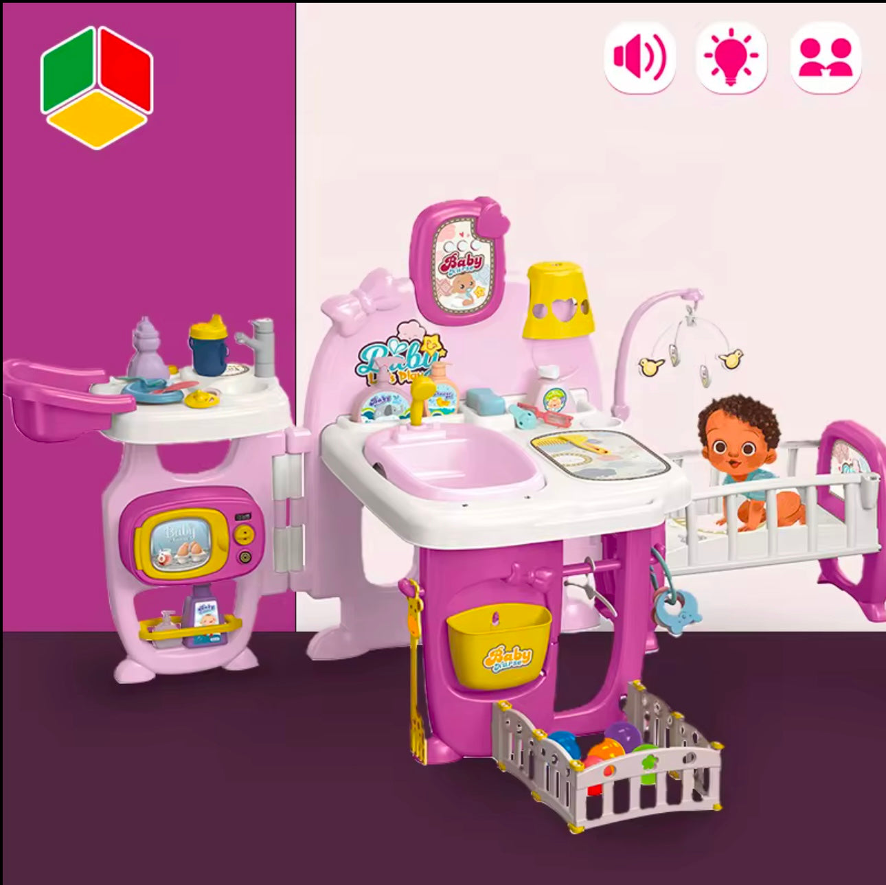 Baby Nurse Doll Play Station – Centre de jeux pour poupées XXL avec lit de poupée, baignoire et coin repas (pliable) – pour enfants à partir de 3 ans, plastique, multicolore