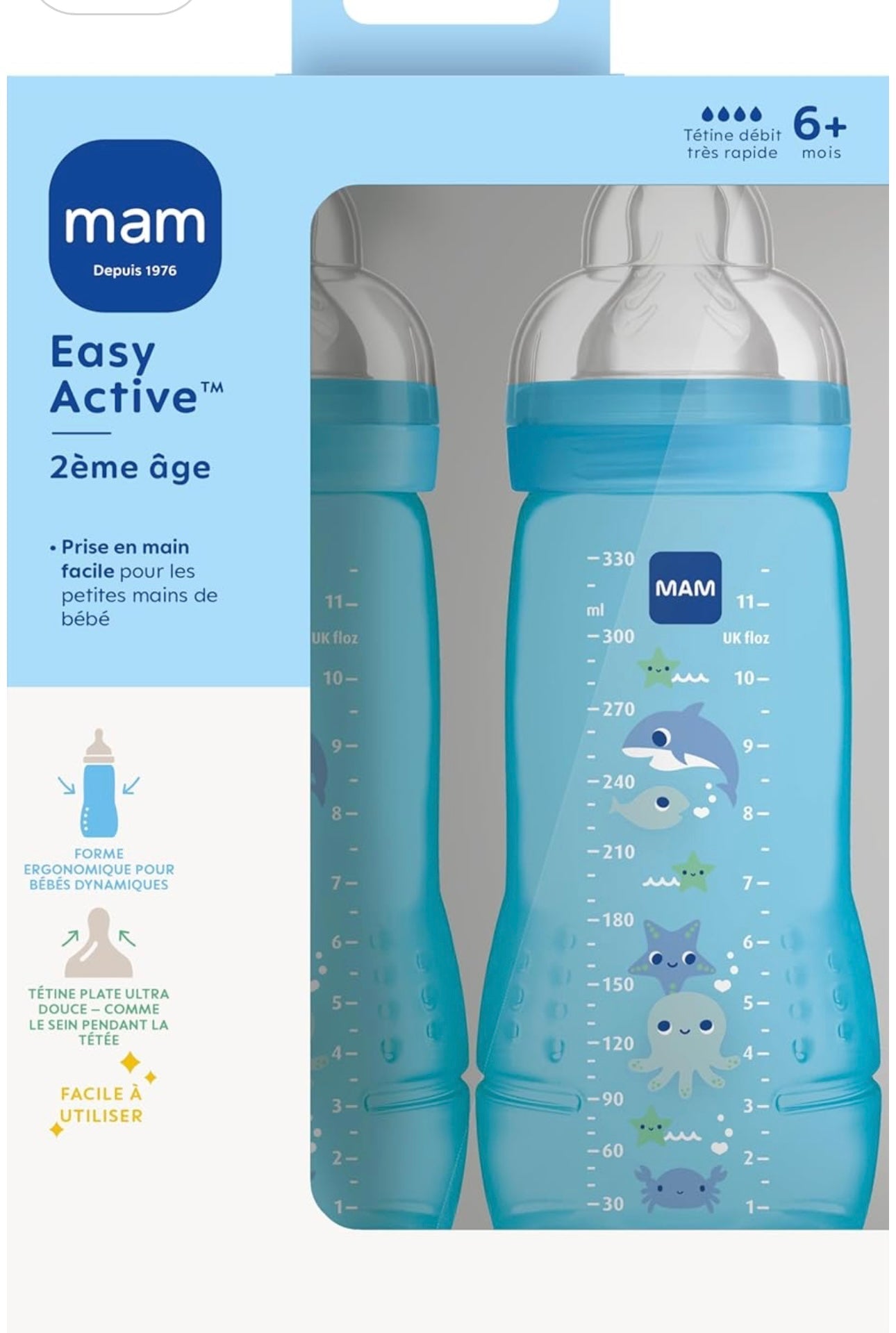 MAM Lot de 2 biberon anti collique easy active 6 mois +, 2 unités de 330 ml