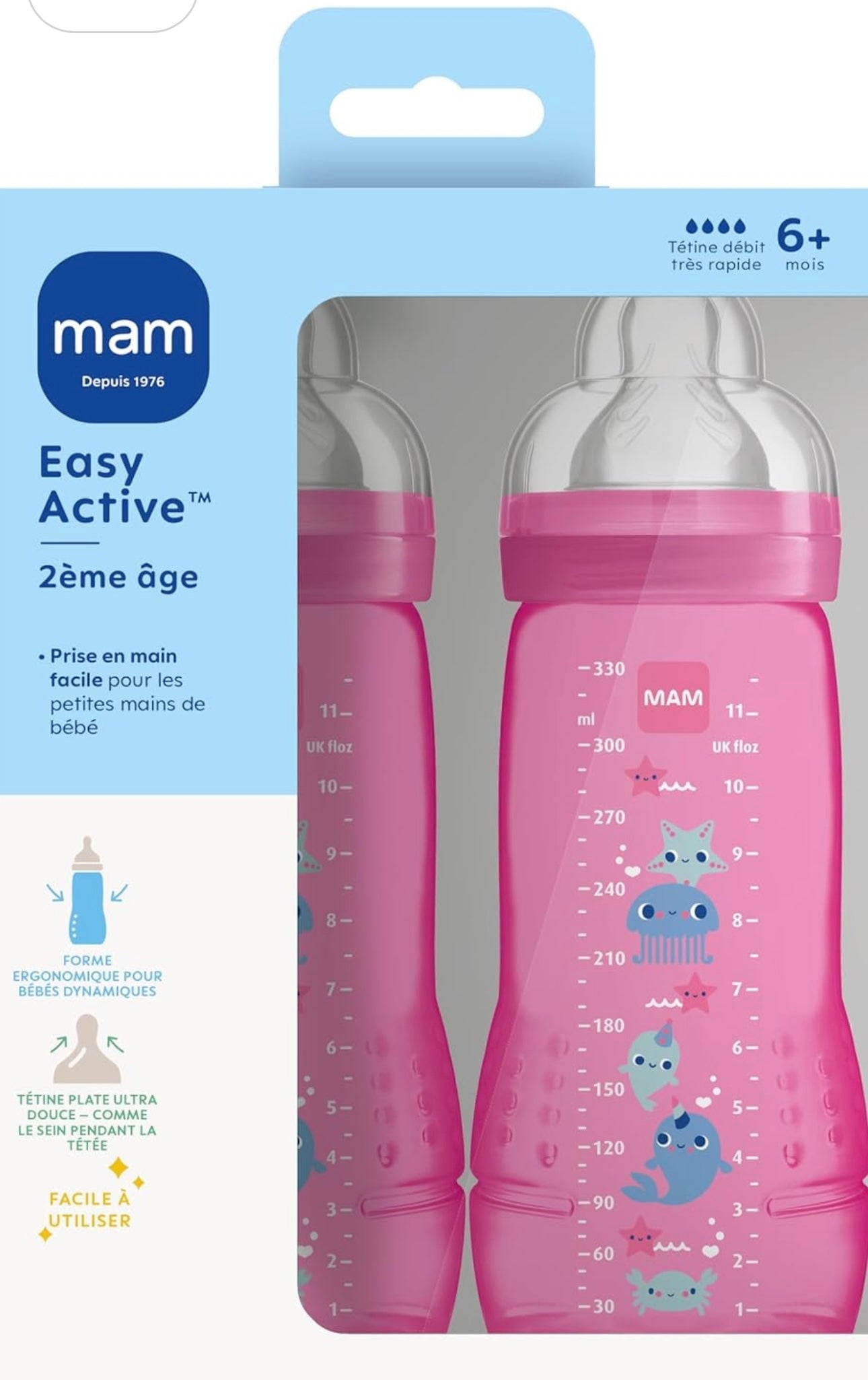 MAM Lot de 2 biberon anti collique easy active 6 mois +, 2 unités de 330 ml