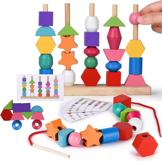 Jeu Montessori d'empilage et d’enfilage de perles colorées apprentissage  des formes, couleurs et  coordination main-œil
