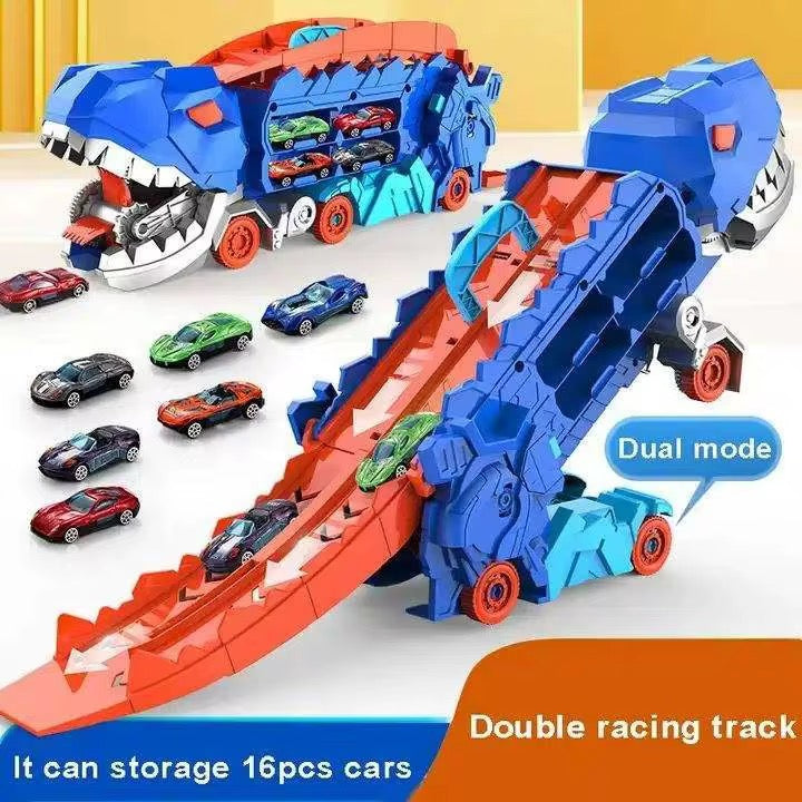 Camion Dinosaure avec Piste de Course Double – Coffret 4Voitures Inclus