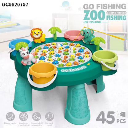 Table de Jeu de Pêche Électrique Rotative "Go Fishing Zoo" (45 Poissons, 4 Cannes)