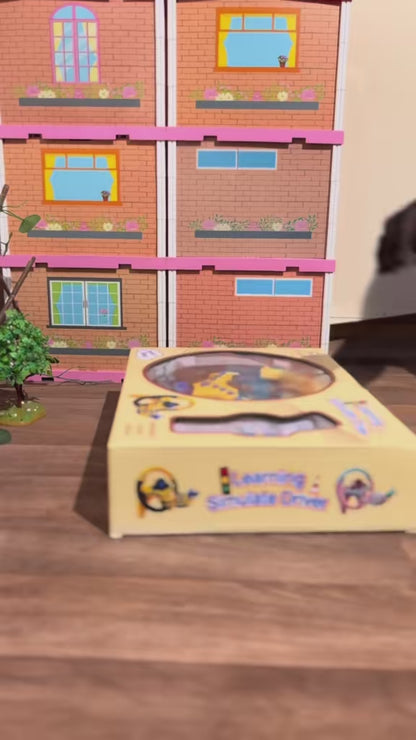Simulateur de conduite interactif avec volant de couleurs jaune et rose , sons et lumières )