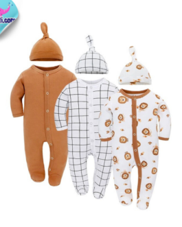 Lot de 3 grenouillères pour bébé – En coton – Avec pieds et boutons – Pour garçon et fille Plusieurs choix