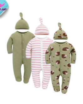 Lot de 3 grenouillères pour bébé – En coton – Avec pieds et boutons – Pour garçon et fille Plusieurs choix