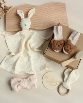 Ensemble   4 pieces  hochet bavoir hochet chaussette cadeau naissance