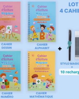 4 Cahiers  Réutilisable pour Enfants avec 2 Stylos, 10 Recharges et 2 Aides Écritures