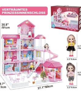 Maison de Poupée pour Filles 308 pieces ,Maison de Jeu avec Lumières,Toboggan, Chien,Poupées,DIY Jeu de Construction avec Accessoires et Meubles,Maison de Princesse pour Enfants, Fille (11 Chambres)